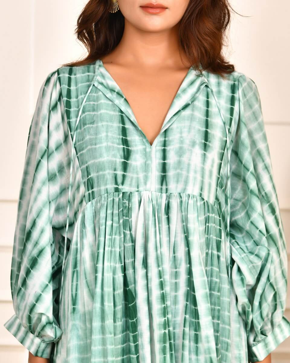 Cotton Tie-Dye V-Neck Sadia Midi Dress with 3/4th Sleeves & Tie-Up Detail in green, showcasing the V-neckline and 3/4th sleeves.