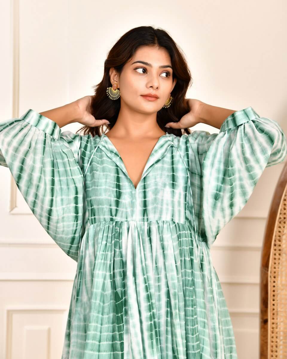 Cotton Tie-Dye V-Neck Sadia Midi Dress with 3/4th Sleeves & Tie-Up Detail featuring elegant green tie-dye patterns.