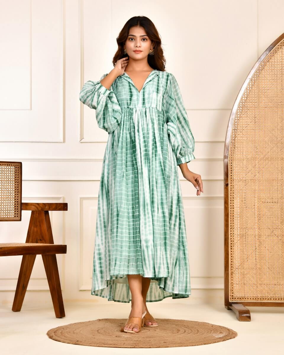 Cotton Tie-Dye V-Neck Sadia Midi Dress with 3/4th Sleeves & Tie-Up Detail in green, styled elegantly.