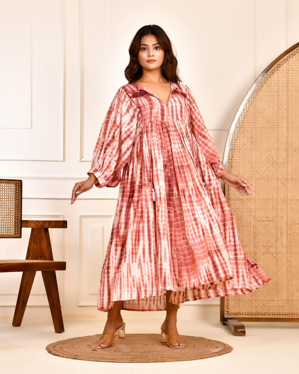 Cotton Tie-Dye V-Neck Sadia Midi Dress with 3/4th Sleeves & Tie-Up Detail