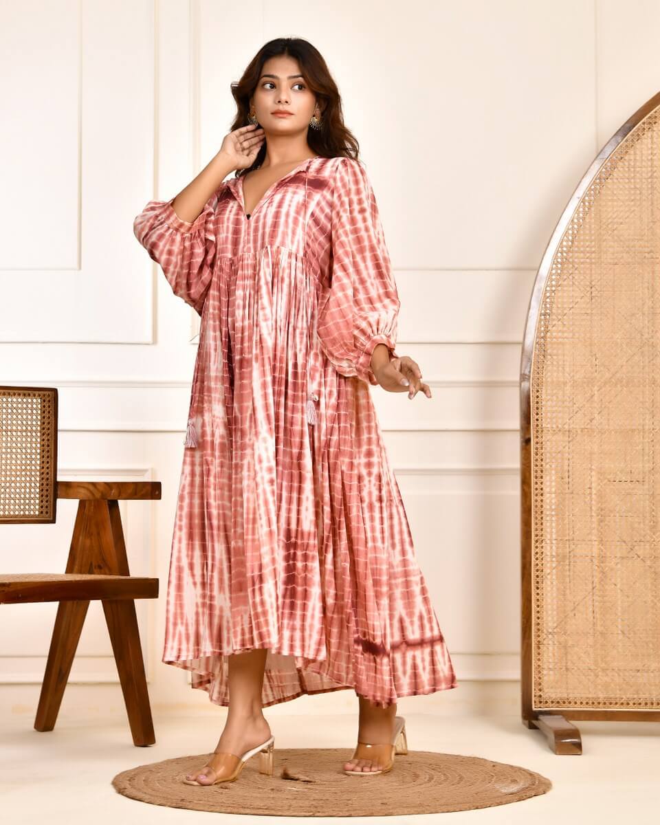 Cotton Tie-Dye V-Neck Sadia Midi Dress with 3/4th Sleeves & Tie-Up Detail
