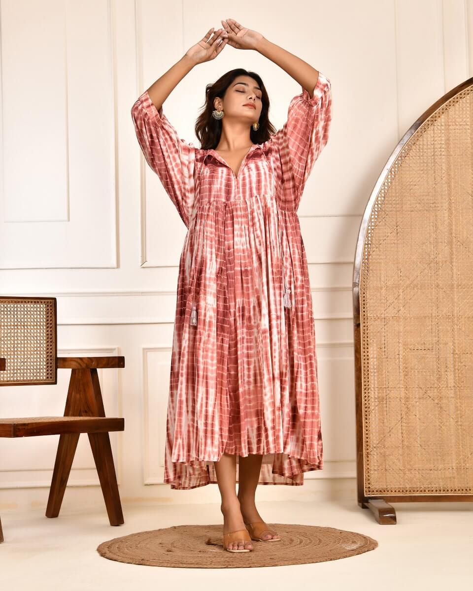 Cotton Tie-Dye V-Neck Sadia Midi Dress with 3/4th Sleeves & Tie-Up Detail