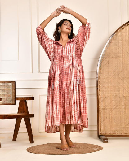 Cotton Tie-Dye V-Neck Sadia Midi Dress with 3/4th Sleeves & Tie-Up Detail