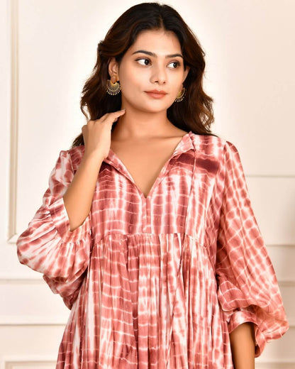 Cotton Tie-Dye V-Neck Sadia Midi Dress with 3/4th Sleeves & Tie-Up Detail