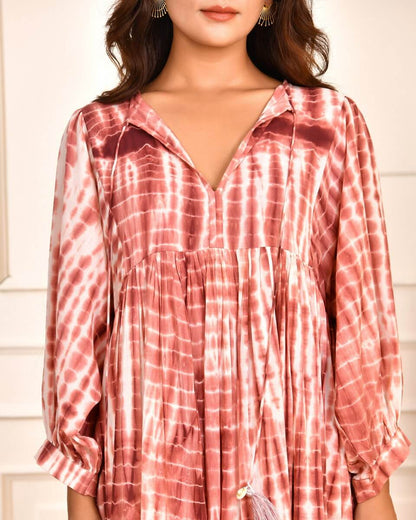 Cotton Tie-Dye V-Neck Sadia Midi Dress with 3/4th Sleeves & Tie-Up Detail
