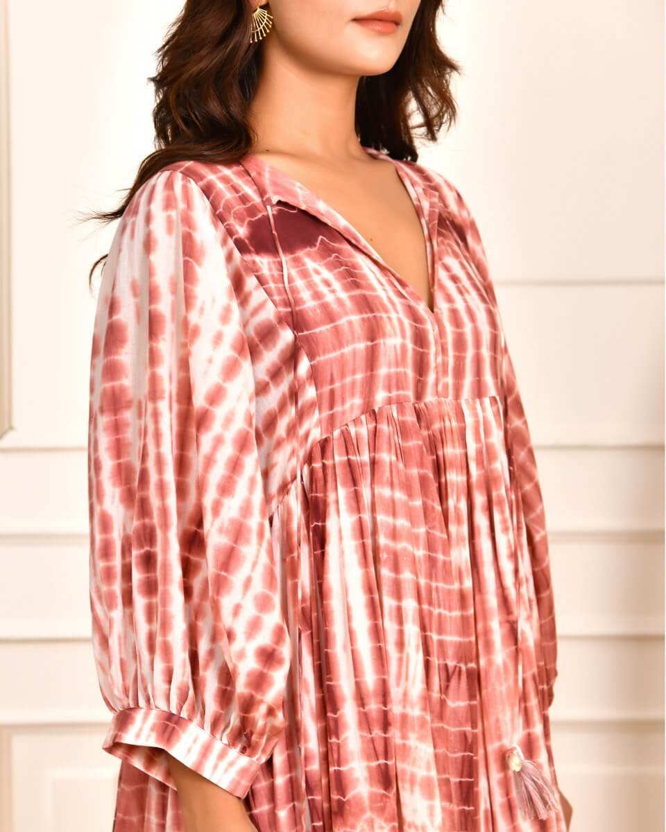 Cotton Tie-Dye V-Neck Sadia Midi Dress with 3/4th Sleeves & Tie-Up Detail