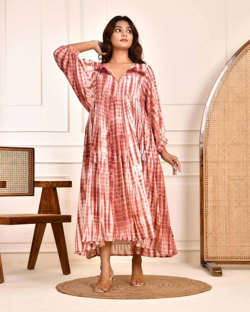 Cotton Tie-Dye V-Neck Sadia Midi Dress with 3/4th Sleeves & Tie-Up Detail