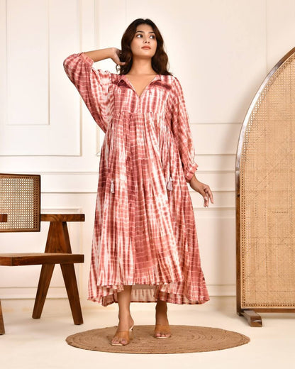 Cotton Tie-Dye V-Neck Sadia Midi Dress with 3/4th Sleeves & Tie-Up Detail