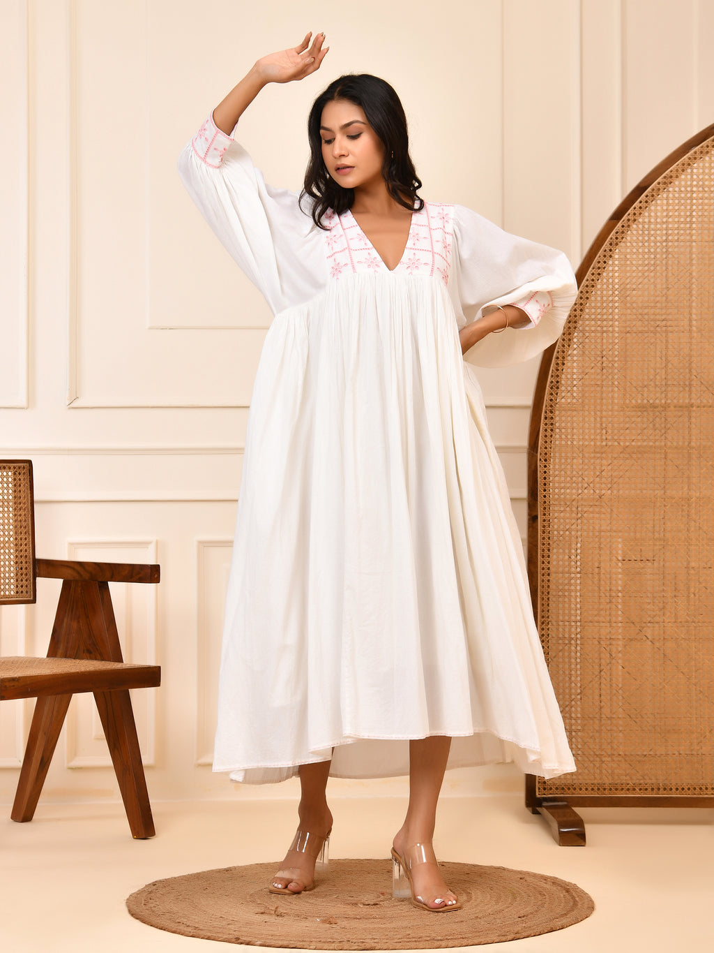 White Cotton Embroidered Midi Dress with V-Neck & Bishop Sleeves