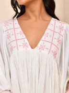 White Cotton Embroidered Midi Dress with V-Neck & Bishop Sleeves