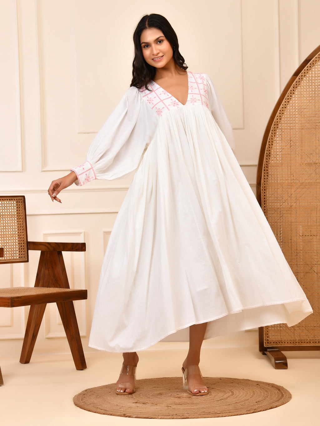 White Cotton Embroidered Midi Dress with V-Neck & Bishop Sleeves