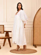 White Cotton Embroidered Midi Dress with V-Neck & Bishop Sleeves
