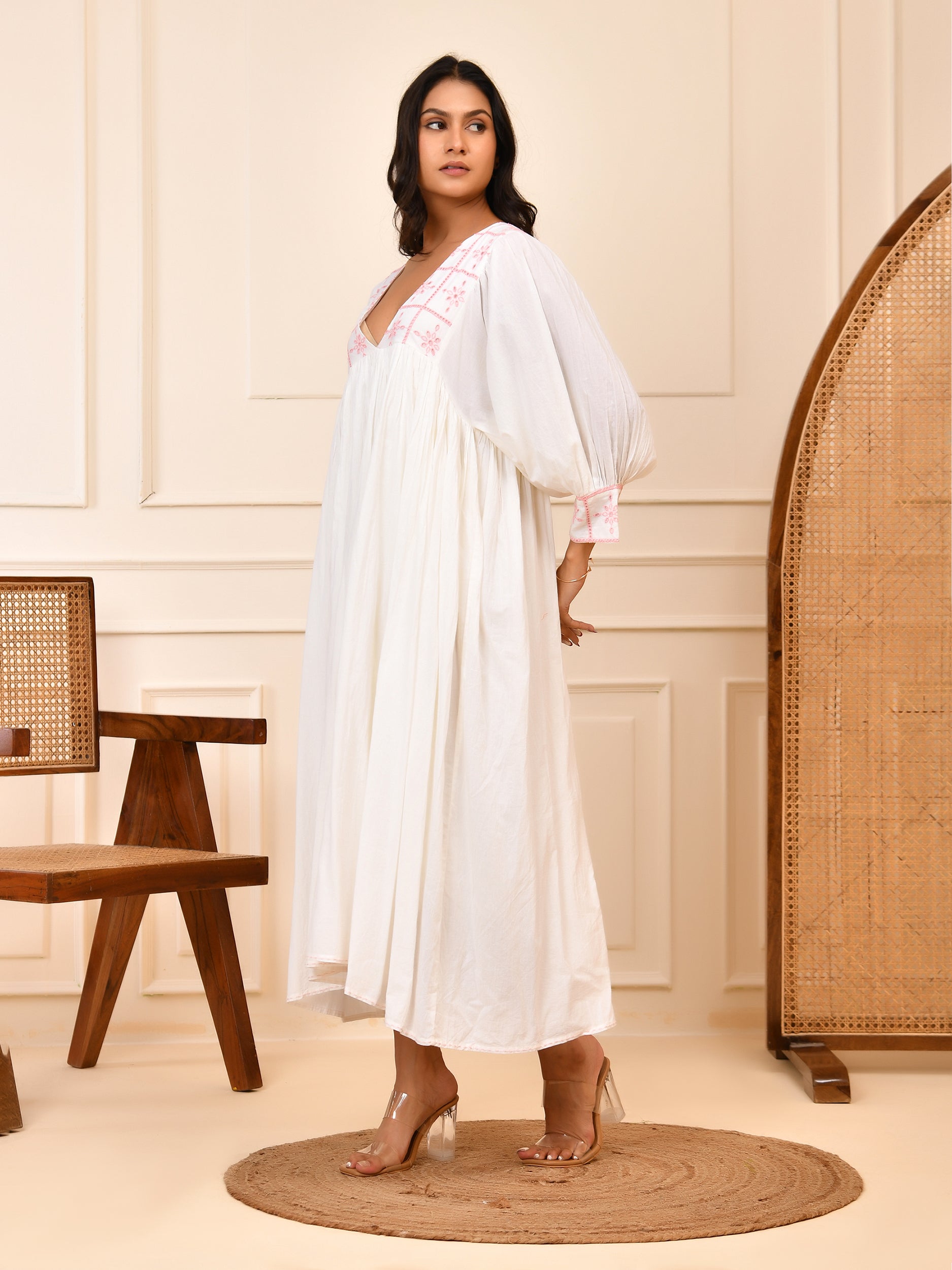 White Cotton Embroidered Midi Dress with V-Neck & Bishop Sleeves