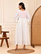 White Cotton Embroidered Midi Dress with V-Neck & Bishop Sleeves