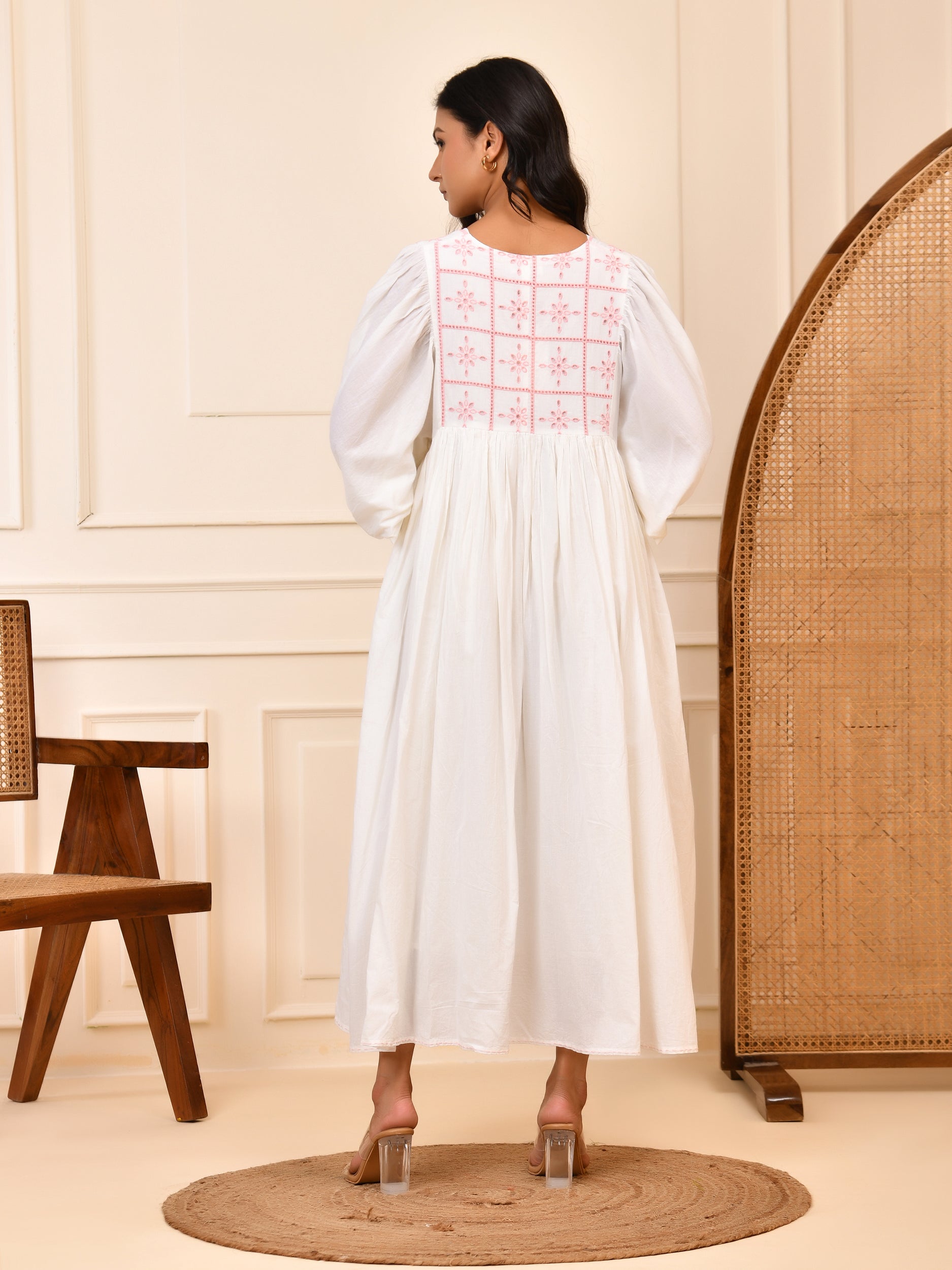 White Cotton Embroidered Midi Dress with V-Neck & Bishop Sleeves