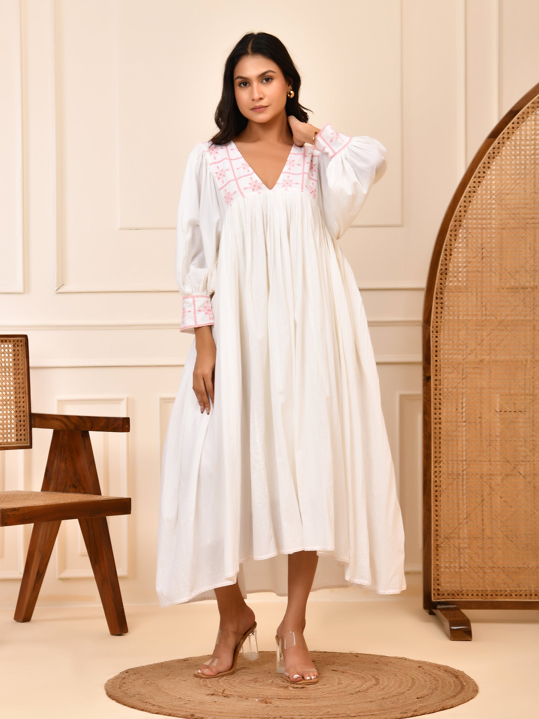 White Cotton Embroidered Midi Dress with V-Neck & Bishop Sleeves
