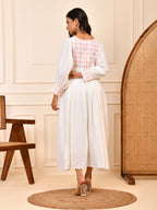 White Cotton Embroidered Midi Dress with V-Neck & Bishop Sleeves