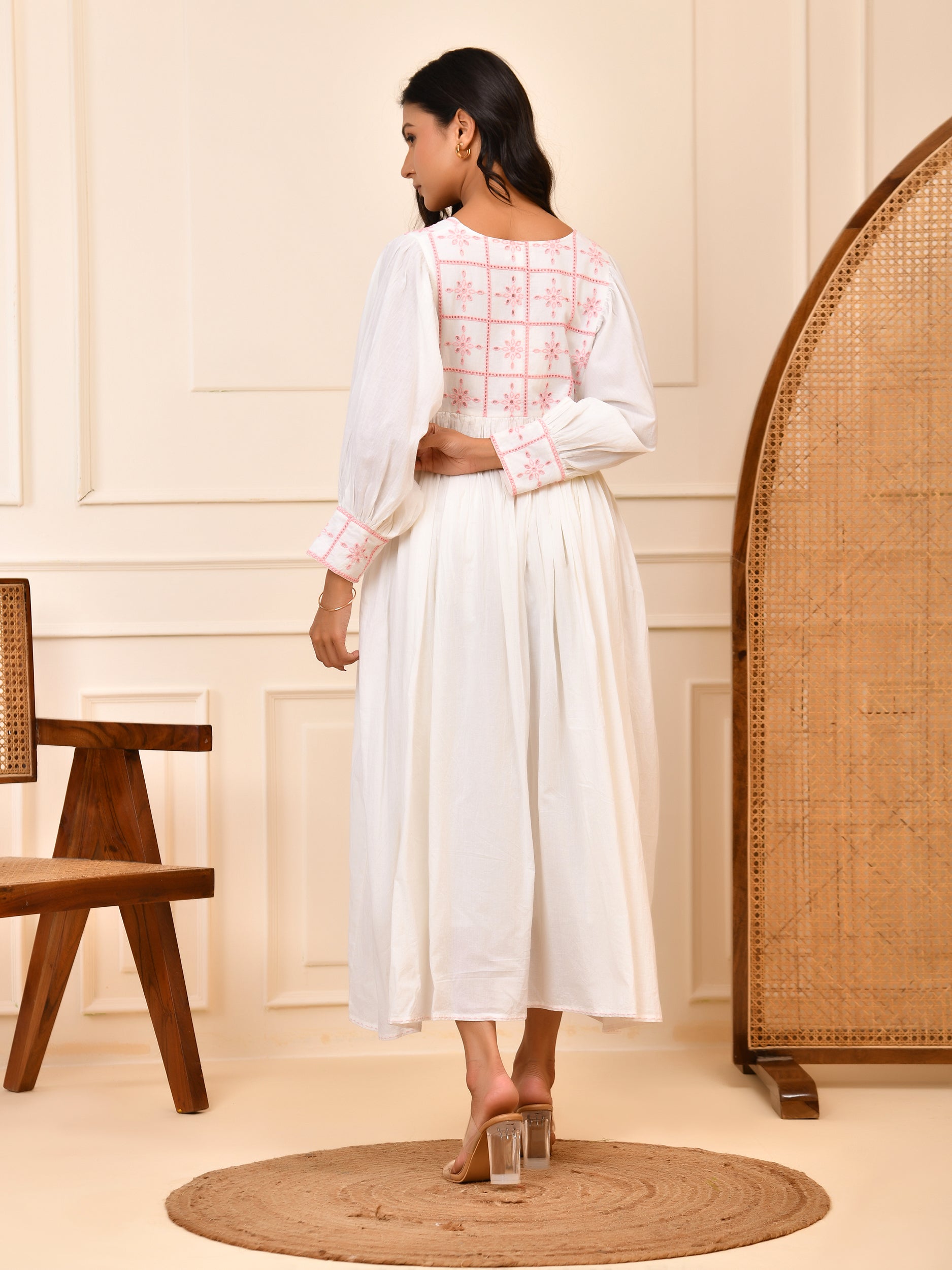 White Cotton Embroidered Midi Dress with V-Neck & Bishop Sleeves