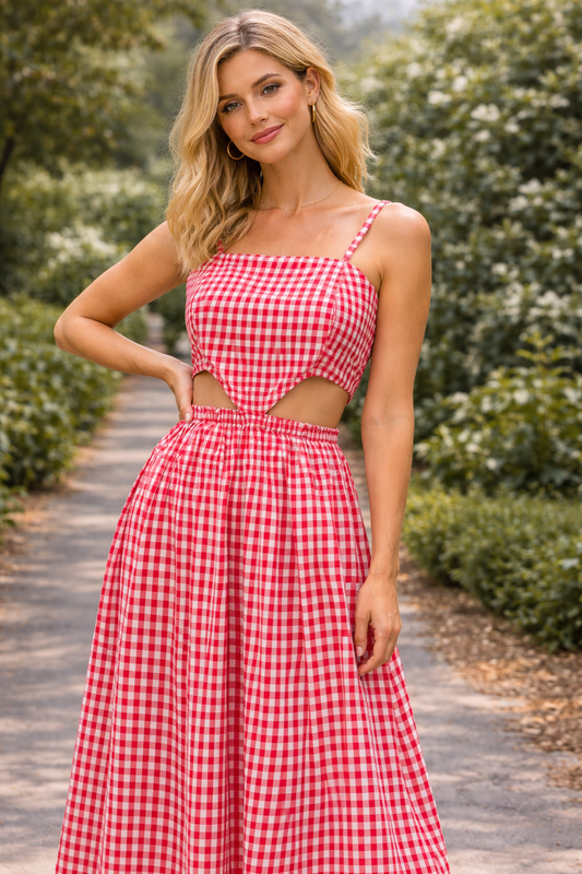 Red Gingham Cotton Poplin Cut-Out Midi Dress