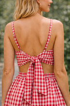 Red Gingham Cotton Poplin Cut-Out Midi Dress