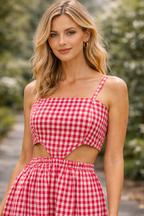 Red Gingham Cotton Poplin Cut-Out Midi Dress