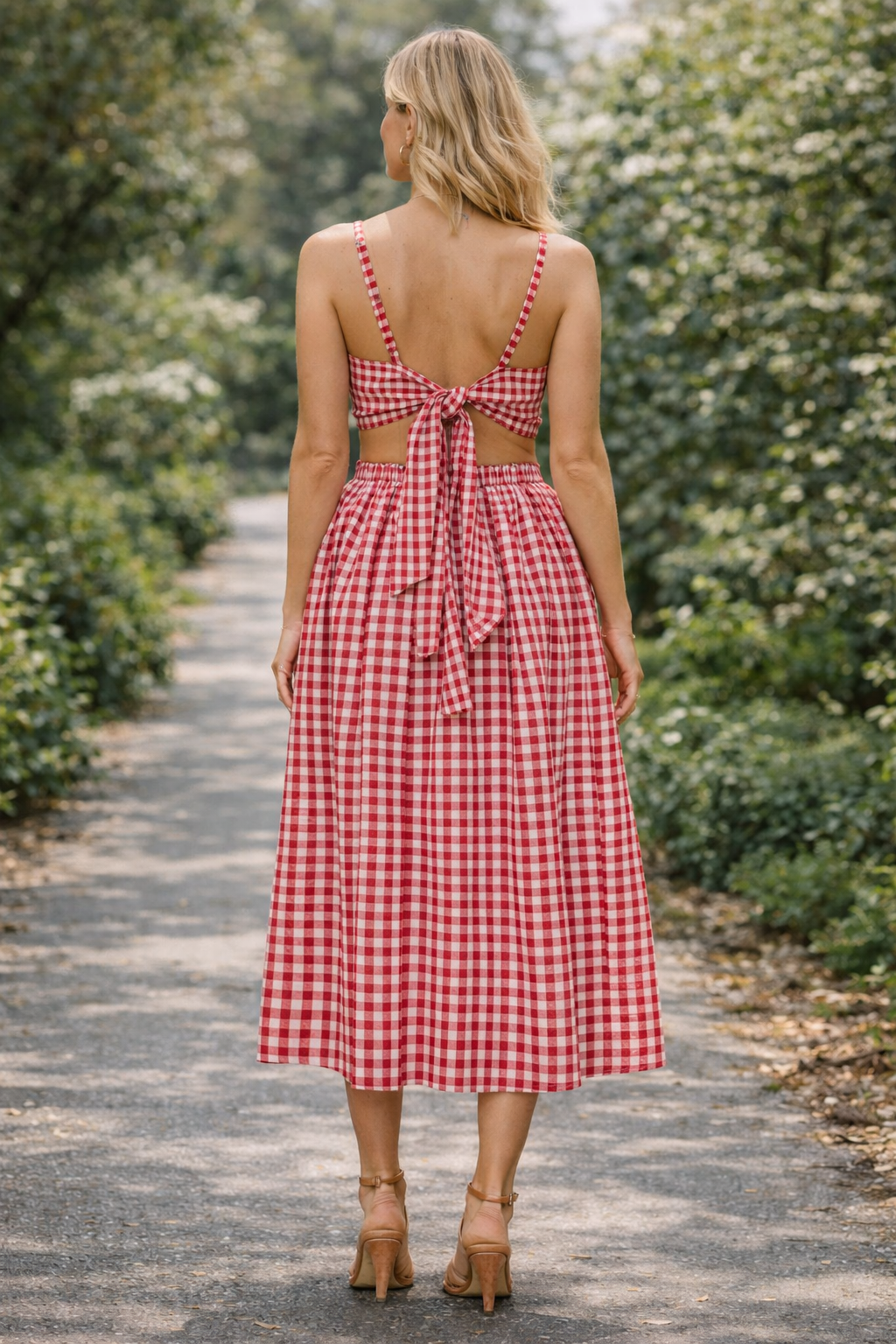 Red Gingham Cotton Poplin Cut-Out Midi Dress