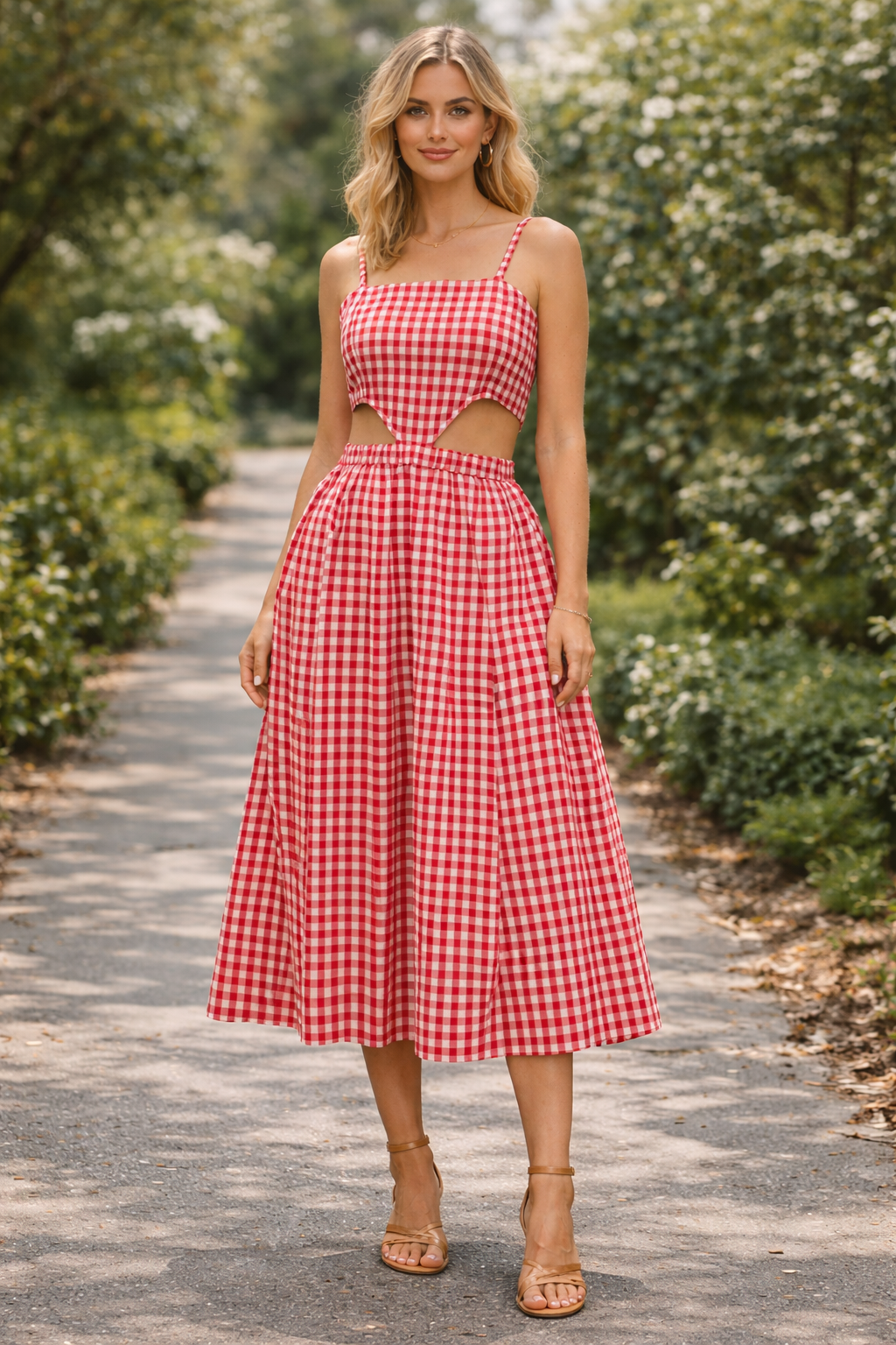 Red Gingham Cotton Poplin Cut-Out Midi Dress –