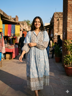 Sky Blue Hand Block Print Cotton Midi Dress | V-Neck with Dori Tie-Up & Puff Sleeves