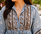Sky Blue Hand Block Print Cotton Midi Dress | V-Neck with Dori Tie-Up & Puff Sleeves