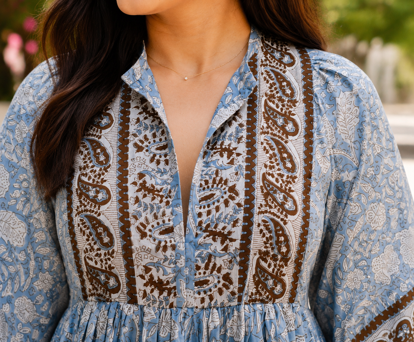 Sky Blue Hand Block Print Cotton Midi Dress | V-Neck with Dori Tie-Up & Puff Sleeves