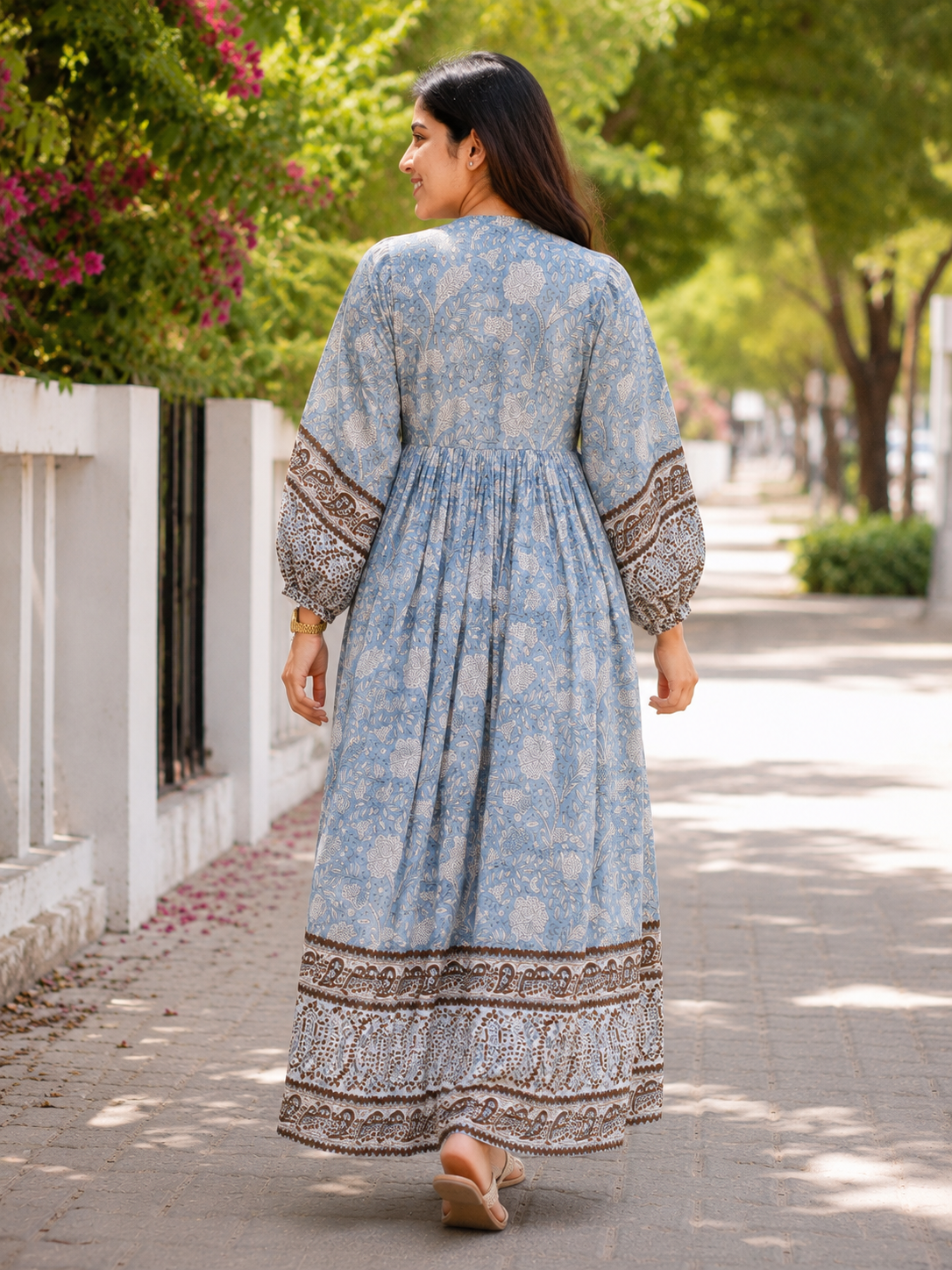 Sky Blue Hand Block Print Cotton Midi Dress | V-Neck with Dori Tie-Up & Puff Sleeves