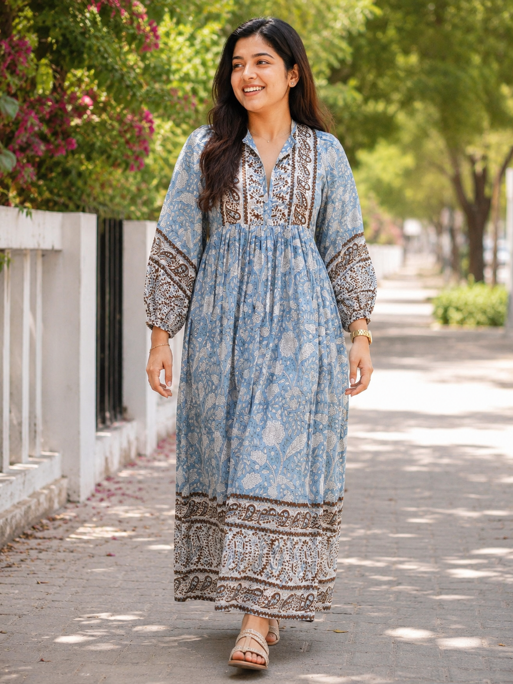 Sky Blue Hand Block Print Cotton Midi Dress | V-Neck with Dori Tie-Up & Puff Sleeves