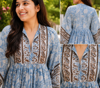 Sky Blue Hand Block Print Cotton Midi Dress | V-Neck with Dori Tie-Up & Puff Sleeves