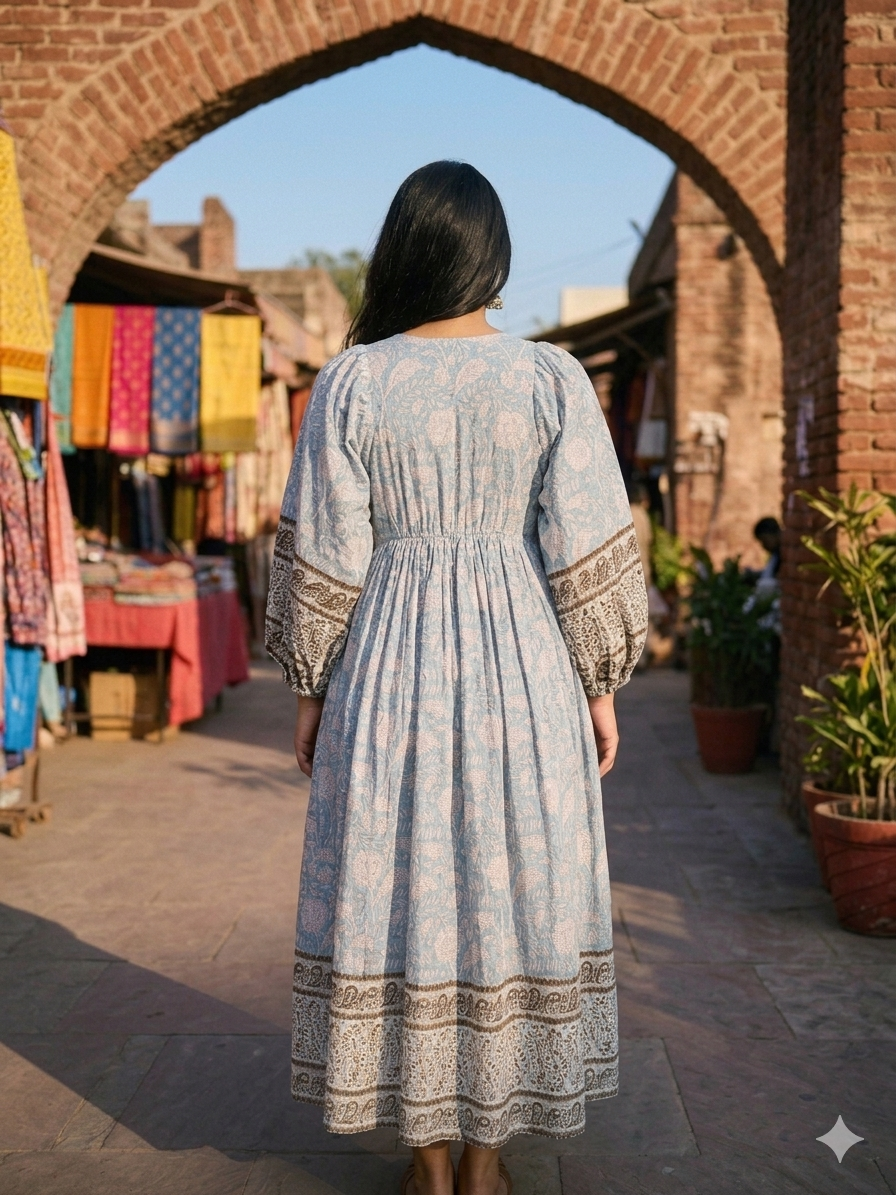Sky Blue Hand Block Print Cotton Midi Dress | V-Neck with Dori Tie-Up & Puff Sleeves
