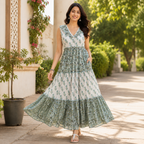 Elegant Cotton Tiered Midi Dress for Women | Sleeveless V-Neck Floral Print - Zara