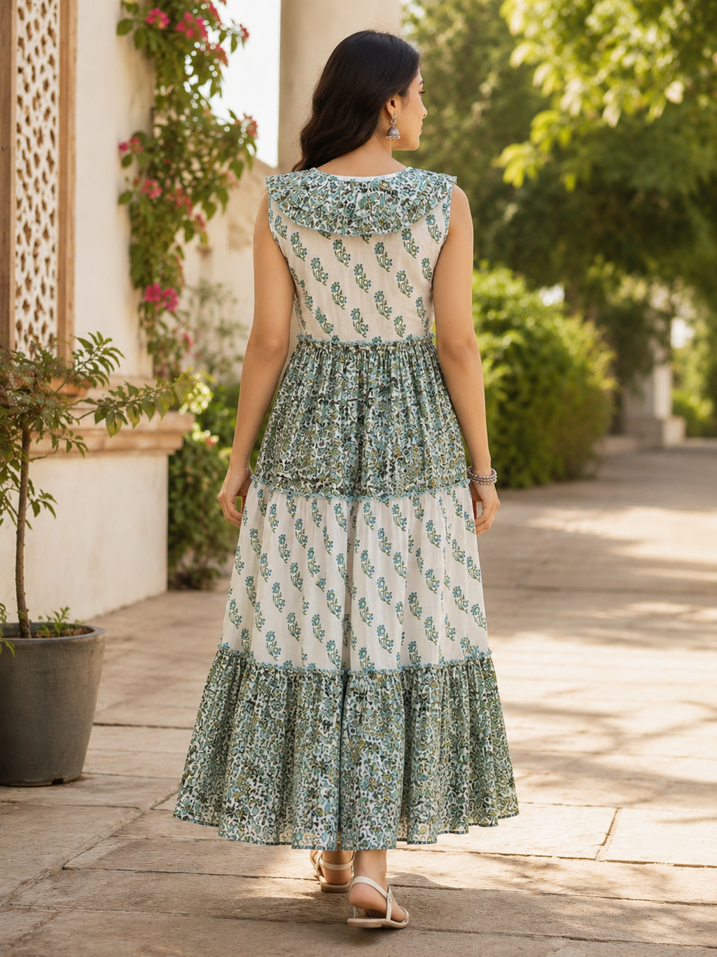 Elegant Cotton Tiered Midi Dress for Women | Sleeveless V-Neck Floral Print - Zara