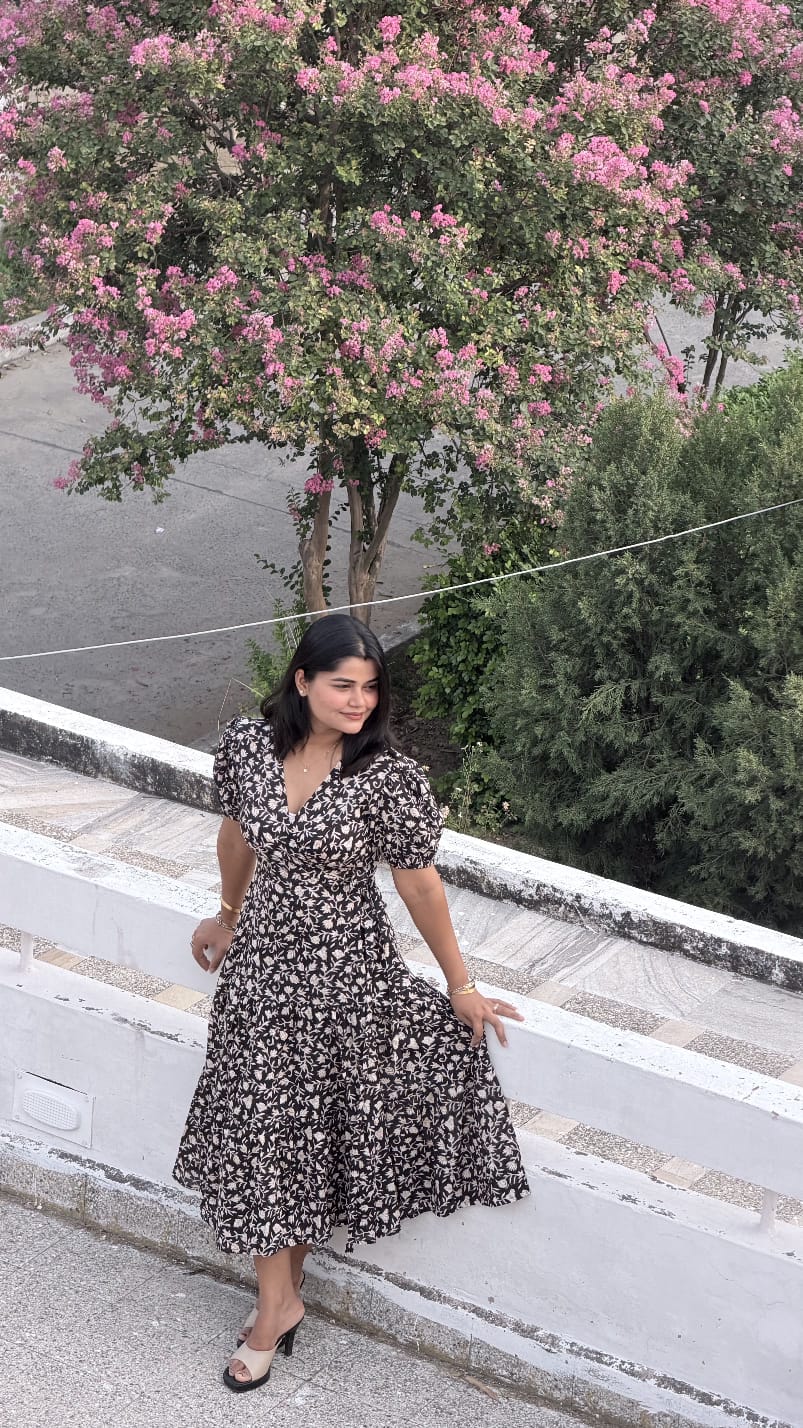 Black Floral Hand Block Print Cotton Cocoa Midi Dress for Women