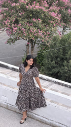 Black Floral Hand Block Print Cotton Cocoa Midi Dress for Women