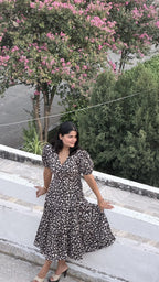 Black Floral Hand Block Print Cotton Cocoa Midi Dress for Women