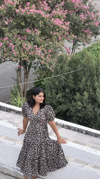 Black Floral Hand Block Print Cotton Cocoa Midi Dress for Women