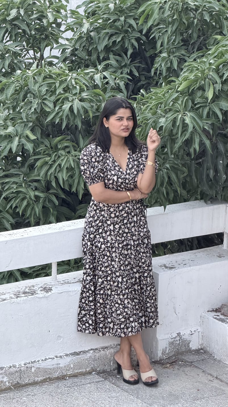 Black Floral Hand Block Print Cotton Cocoa Midi Dress for Women