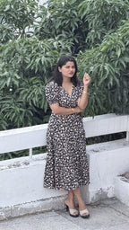 Black Floral Hand Block Print Cotton Cocoa Midi Dress for Women