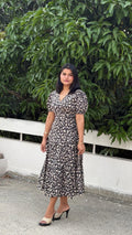 Black Floral Hand Block Print Cotton Cocoa Midi Dress for Women
