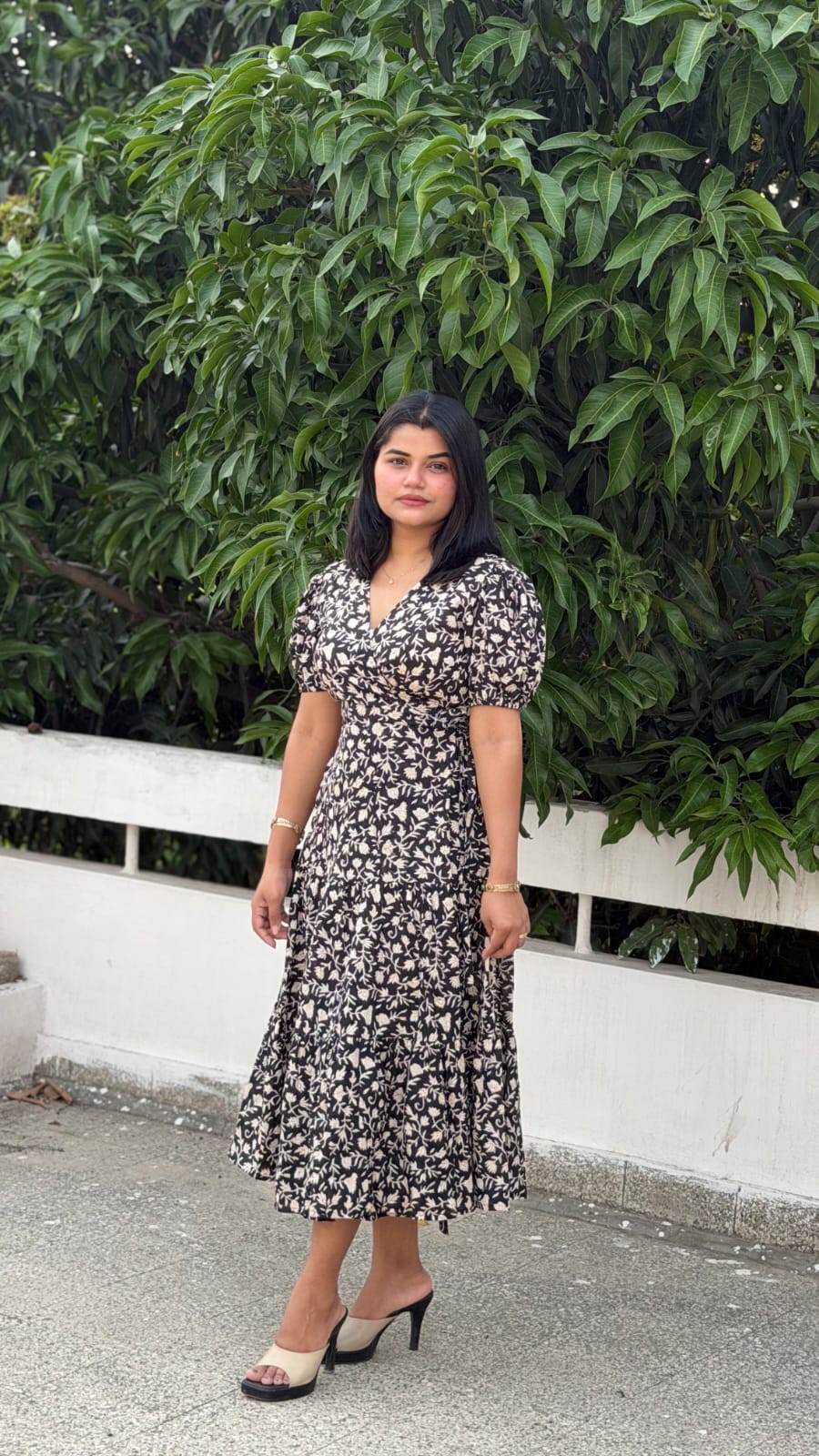 Black Floral Hand Block Print Cotton Cocoa Midi Dress for Women