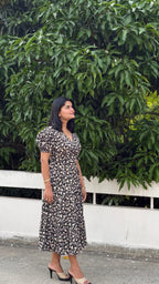 Black Floral Hand Block Print Cotton Cocoa Midi Dress for Women