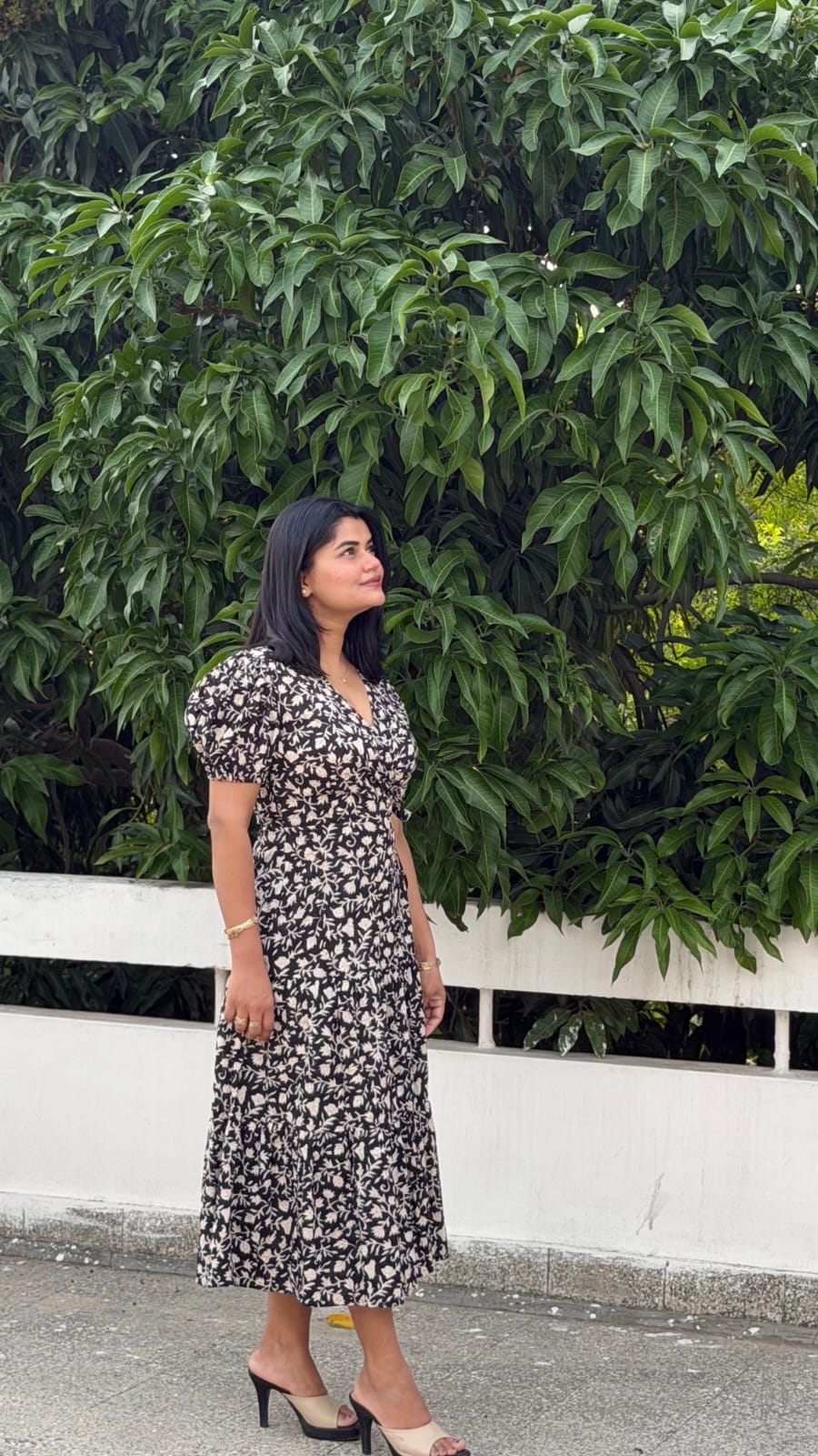 Black Floral Hand Block Print Cotton Cocoa Midi Dress for Women