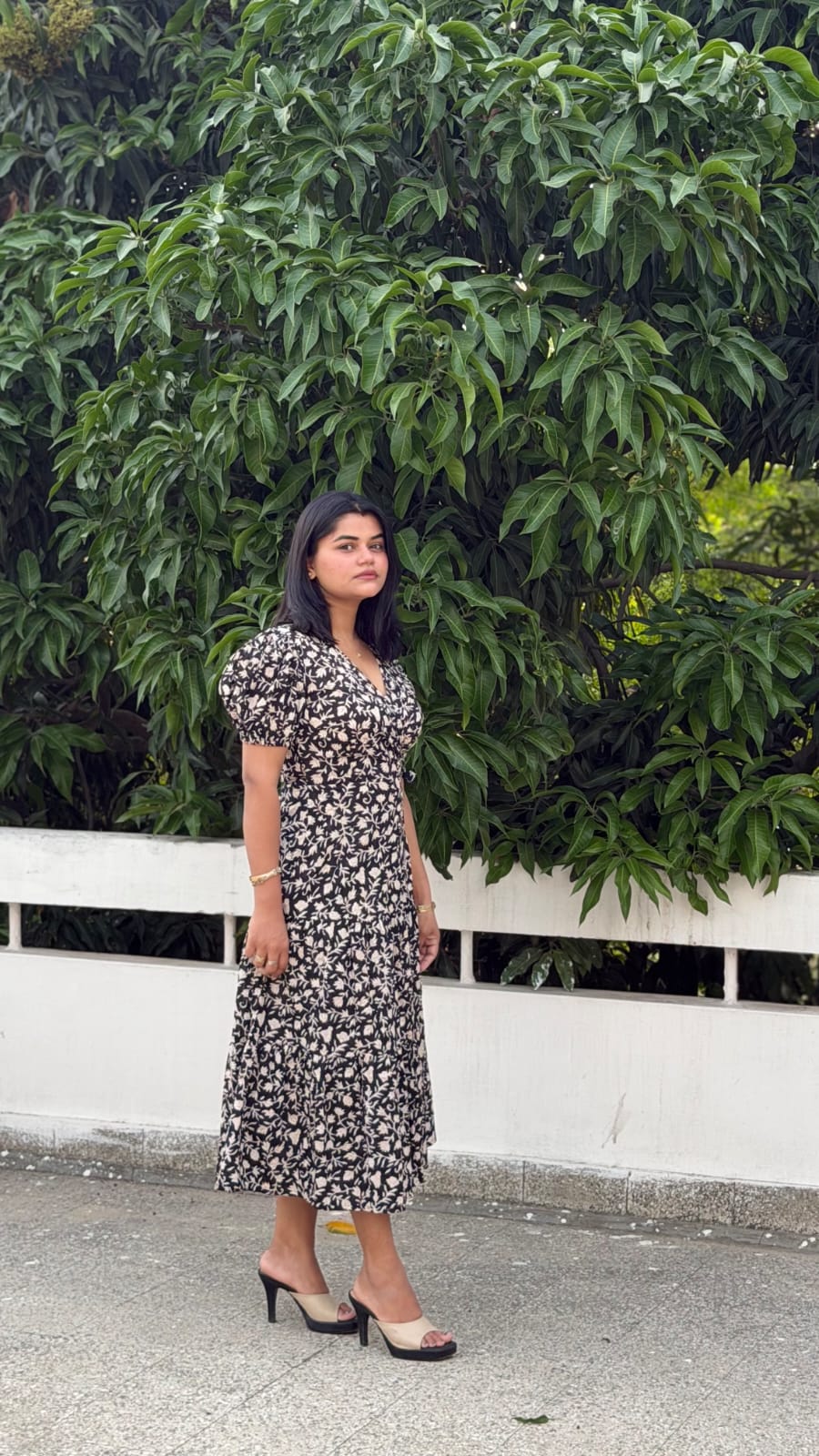Black Floral Hand Block Print Cotton Cocoa Midi Dress for Women
