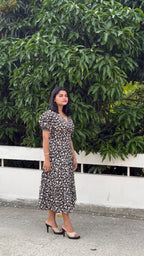 Black Floral Hand Block Print Cotton Cocoa Midi Dress for Women