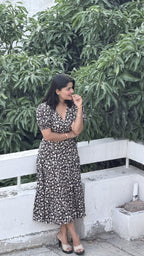 Black Floral Hand Block Print Cotton Cocoa Midi Dress for Women