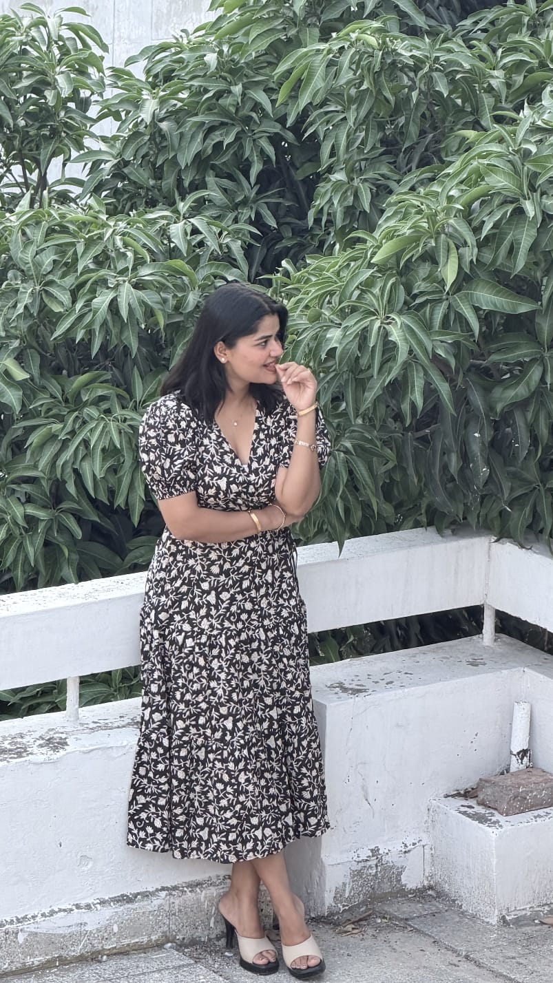 Black Floral Hand Block Print Cotton Cocoa Midi Dress for Women